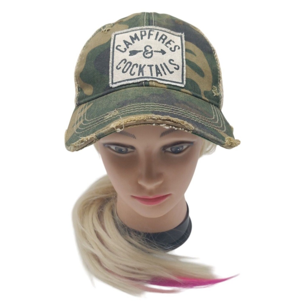 "Campfires & Cocktails" Distressed Mesh Hat Green Camo Snapback Unisex Snap Back